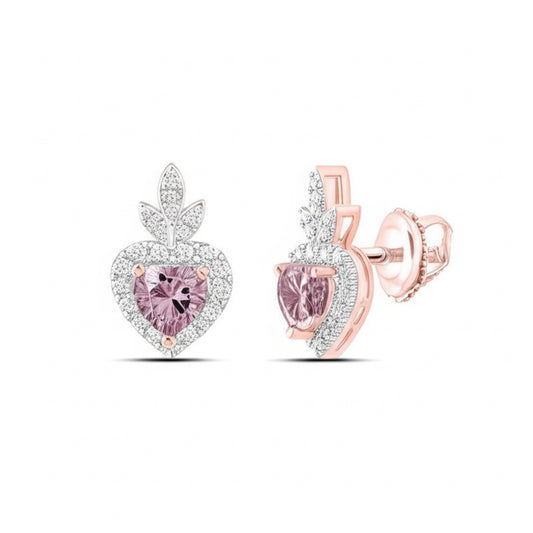 Rose gold earrings with pink gemstones on a white background