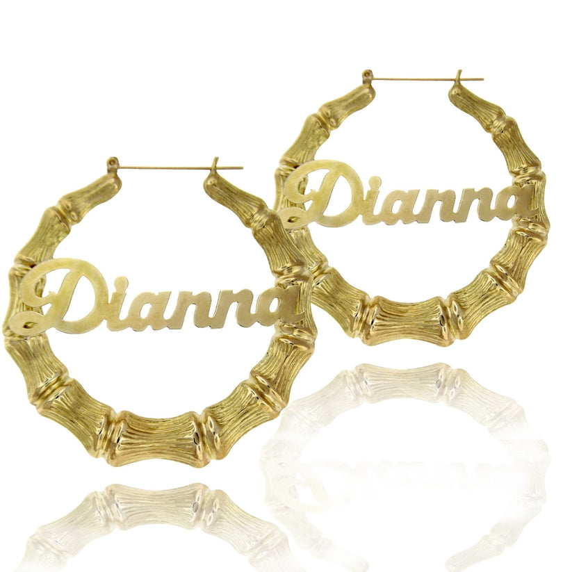 10K Yellow Gold Personalized Bamboo Hoops
