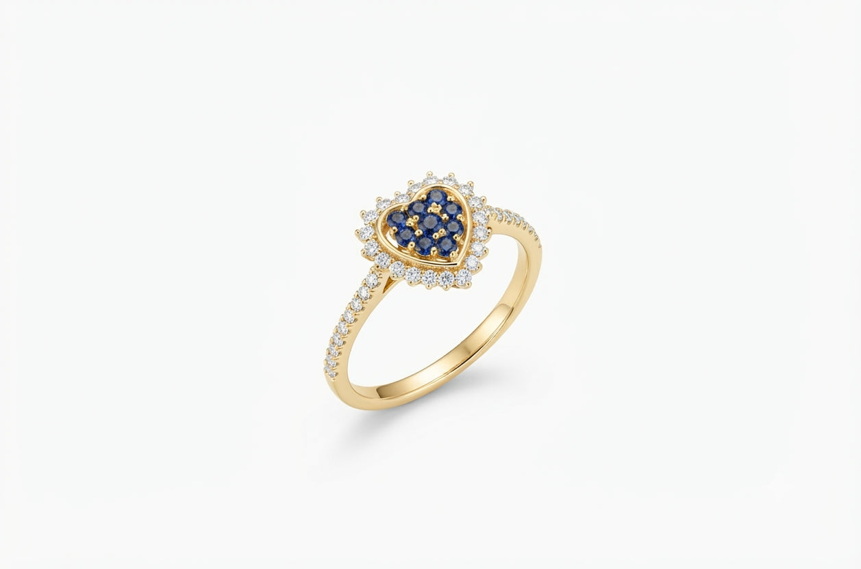 Heart-shaped natural blue sapphire ring in real 14K gold