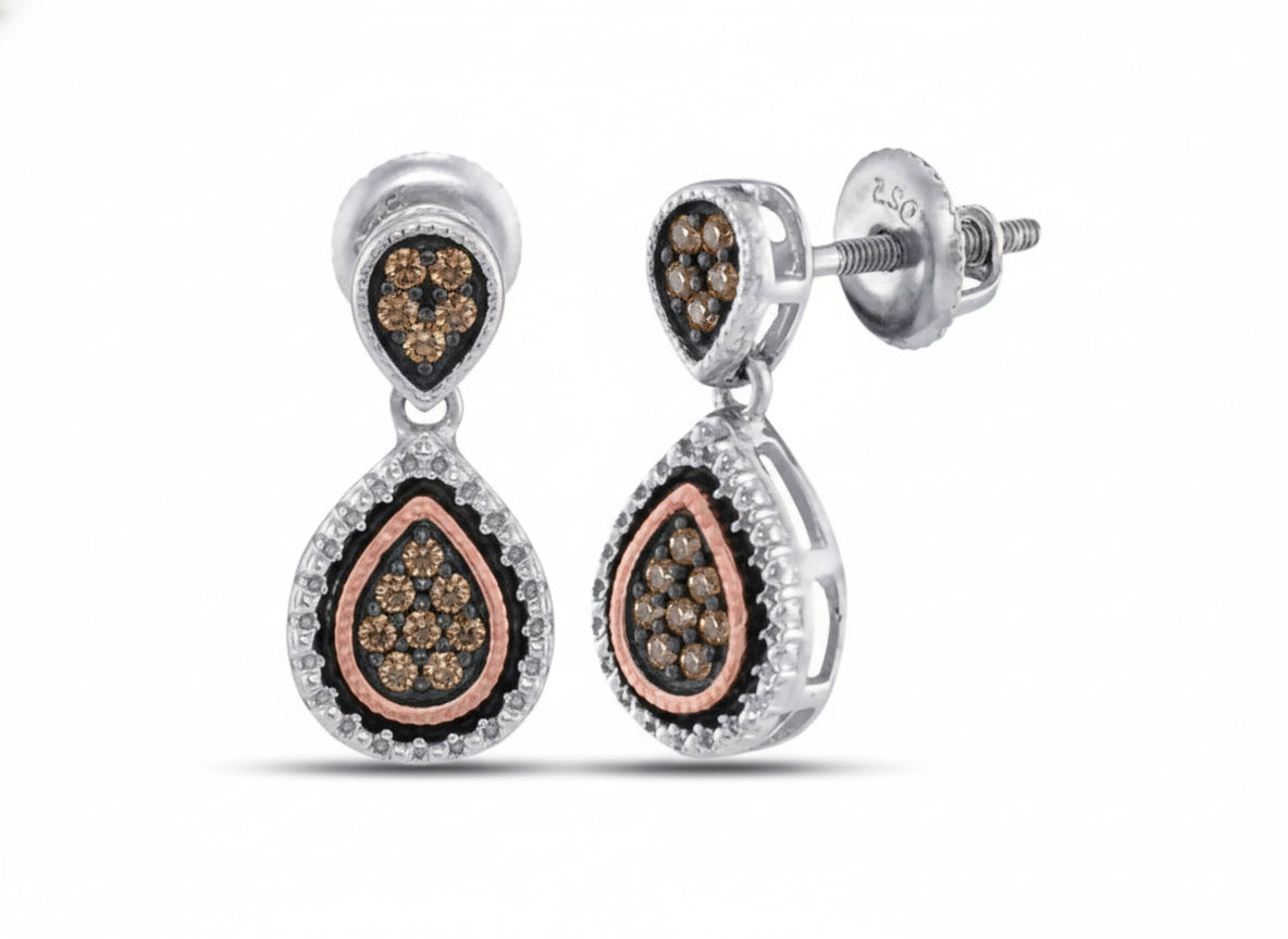 Round brown diamond teardrop earrings in sterling silver