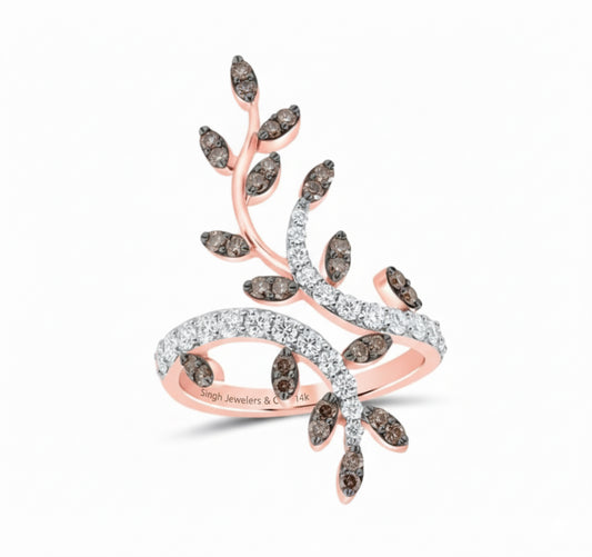 close-up of cognac diamond rose gold ring