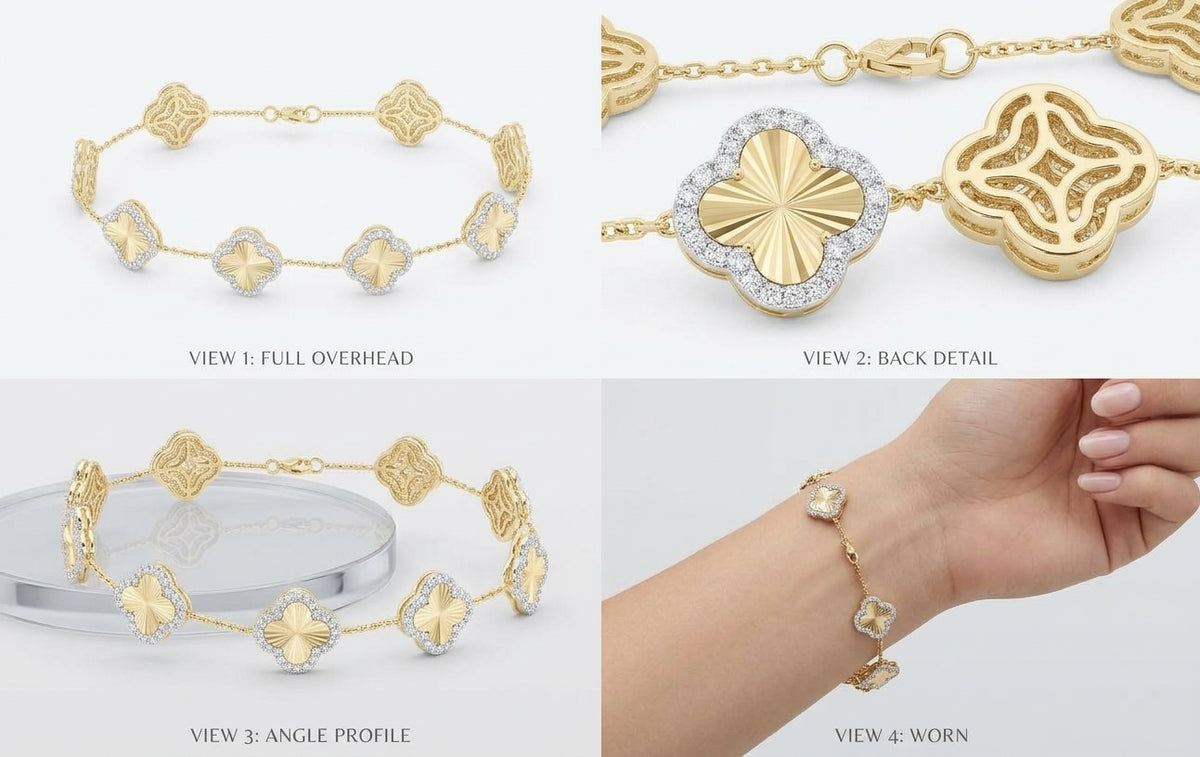 Natural diamond clover bracelet with 1 CTW diamonds, 7 inch length different views