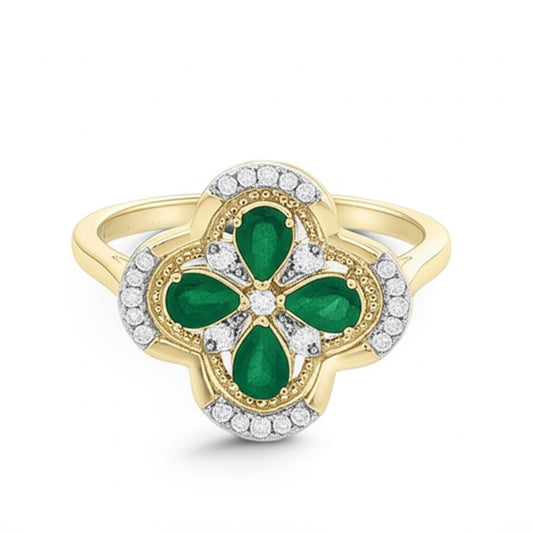 14k yellow gold clover ring with natural diamonds and emerald gemstones, 5/8CTW, size 7.
