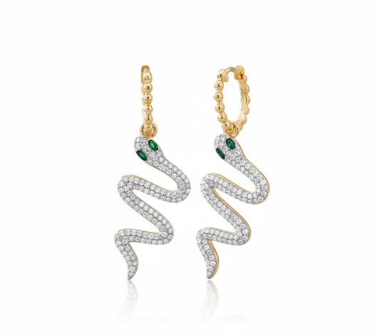1 CTW natural diamond and 1/6 CTW marquise emerald snake hoop earrings in 14K yellow gold