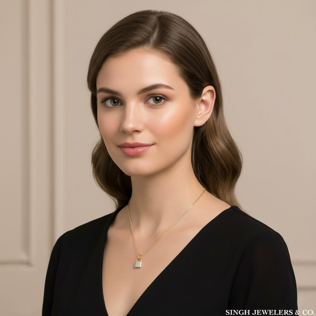Woman wearing a gold necklace against a neutral background with 'SINGH JEWELERS & CO.' branding.