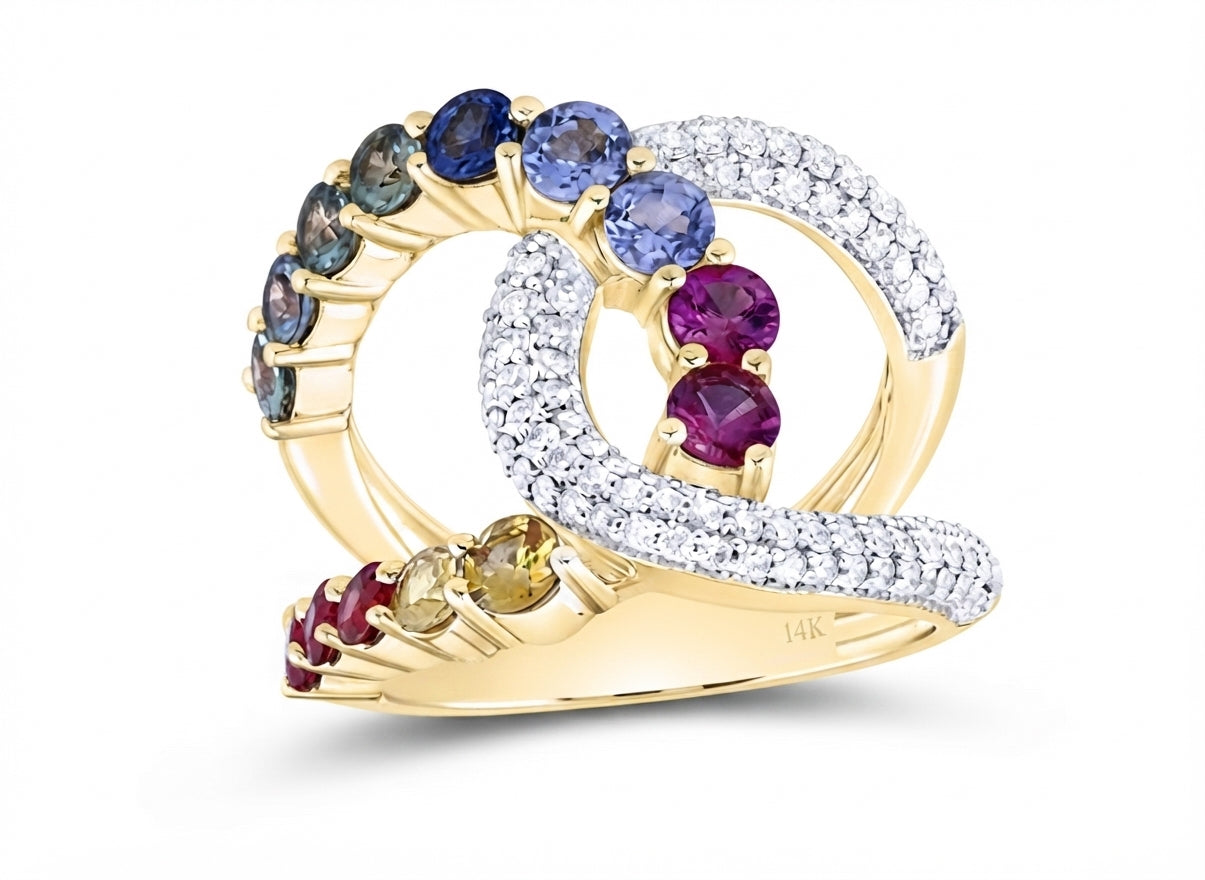 14K natural diamond and multi-color sapphire ring styled as fine jewelry