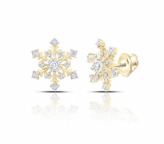 Gold snowflake earrings with clear gemstones on a white background