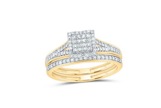 Natural diamond square bridal set in 10k yellow gold, 3/8CTW, engagement ring and matching wedding band