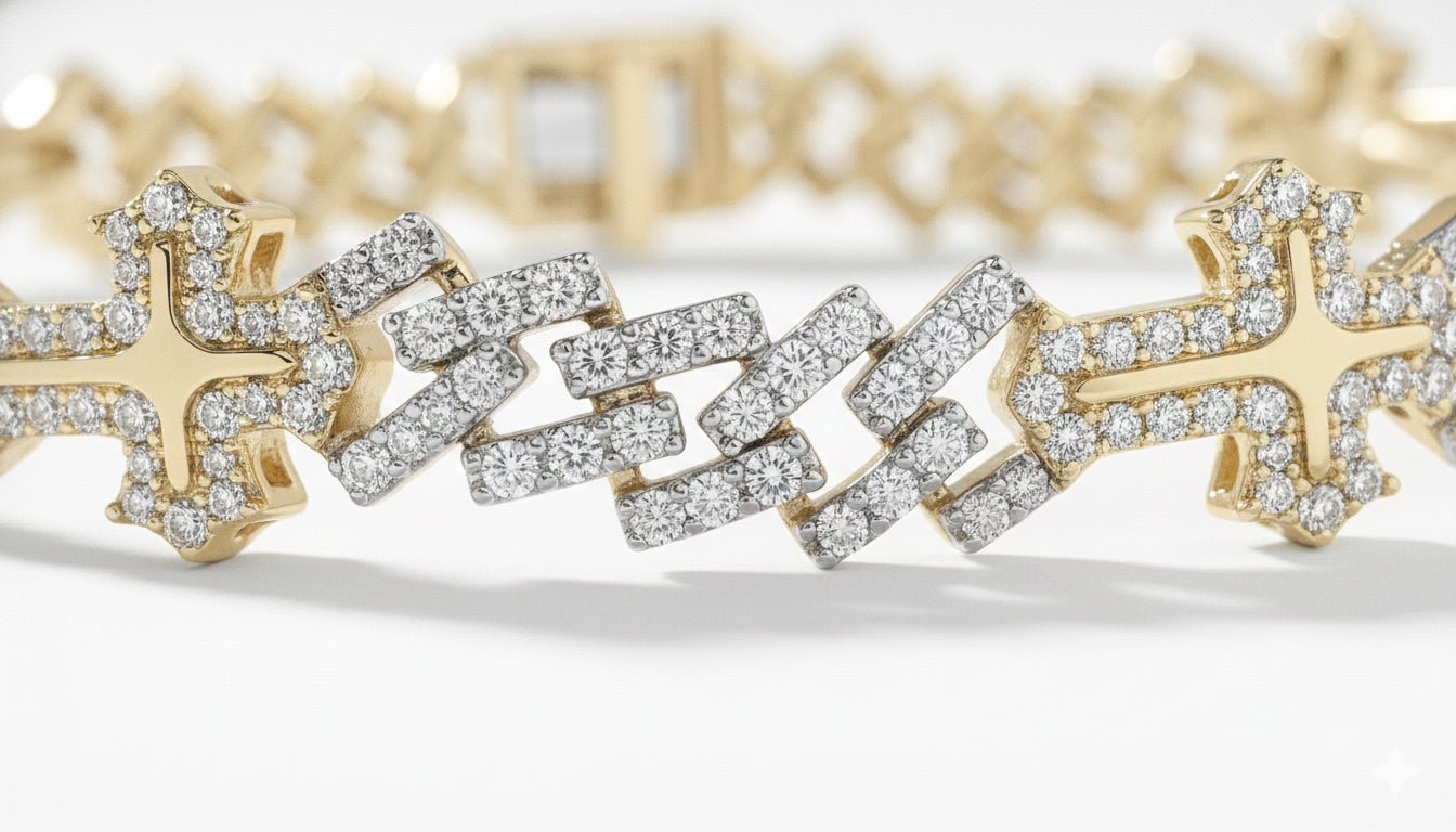 Gold and silver bracelet with diamond accents on a white background
