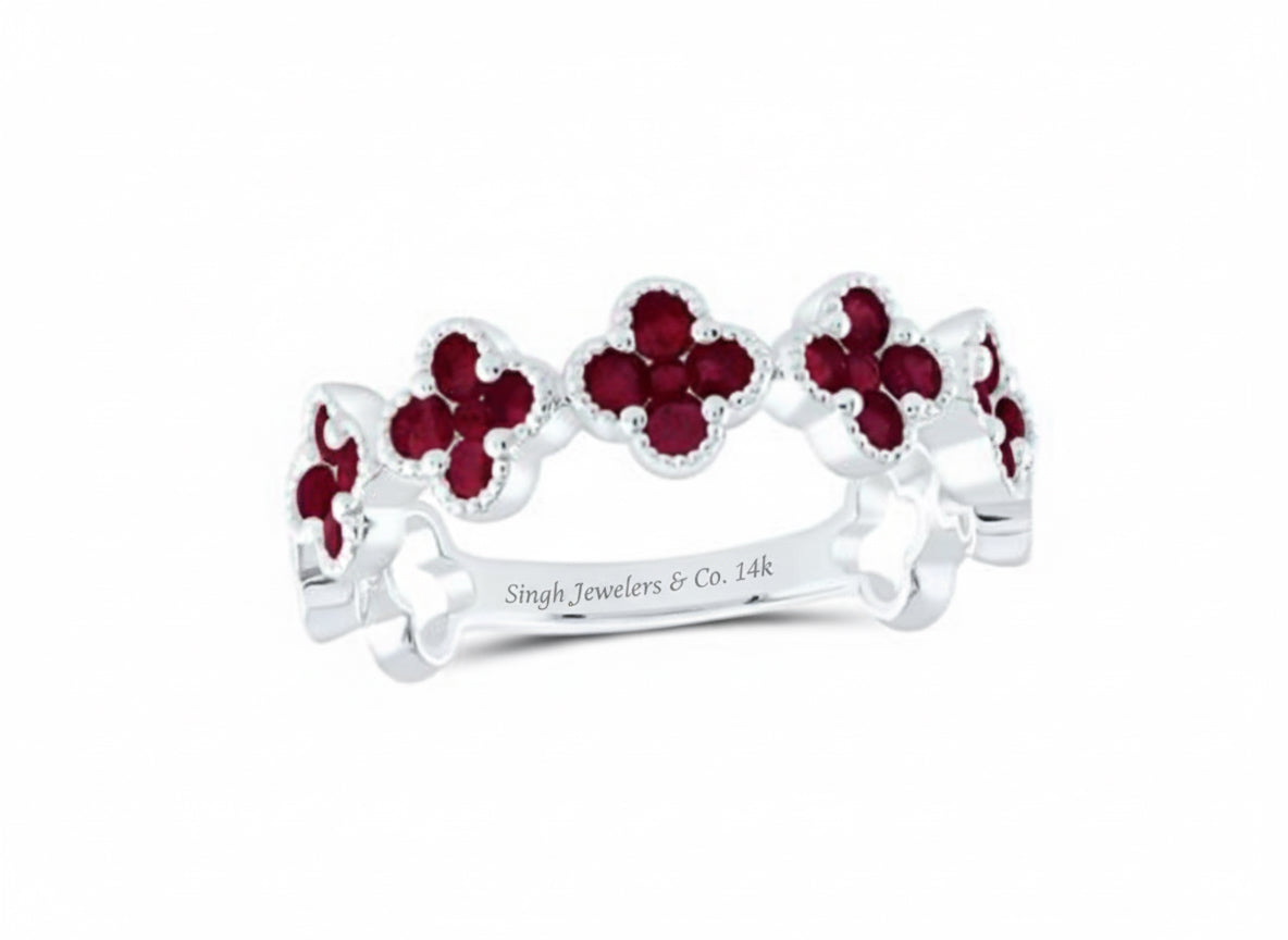 7/8 CTW Natural Ruby Clover Ring – 14K White Gold