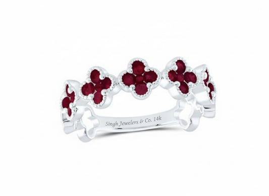 7/8 CTW Natural Ruby Clover Ring – 14K White Gold