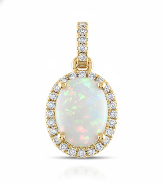 Opal pendant with gold and diamond accents on a white background