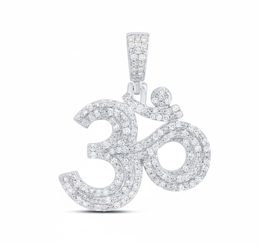 Silver pendant with 'Om' symbol on a white background