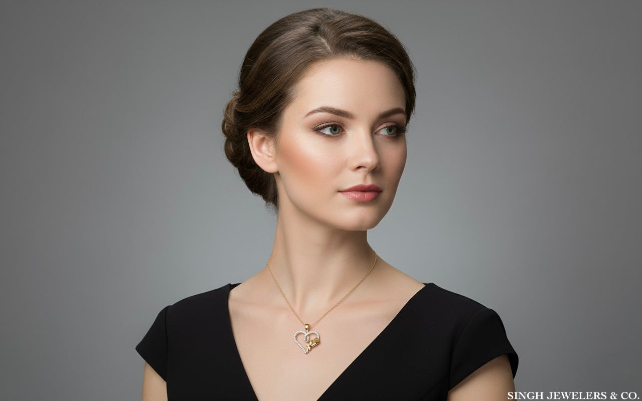 Woman wearing a necklace with a gray background, featuring Singh Jewelers & Co.