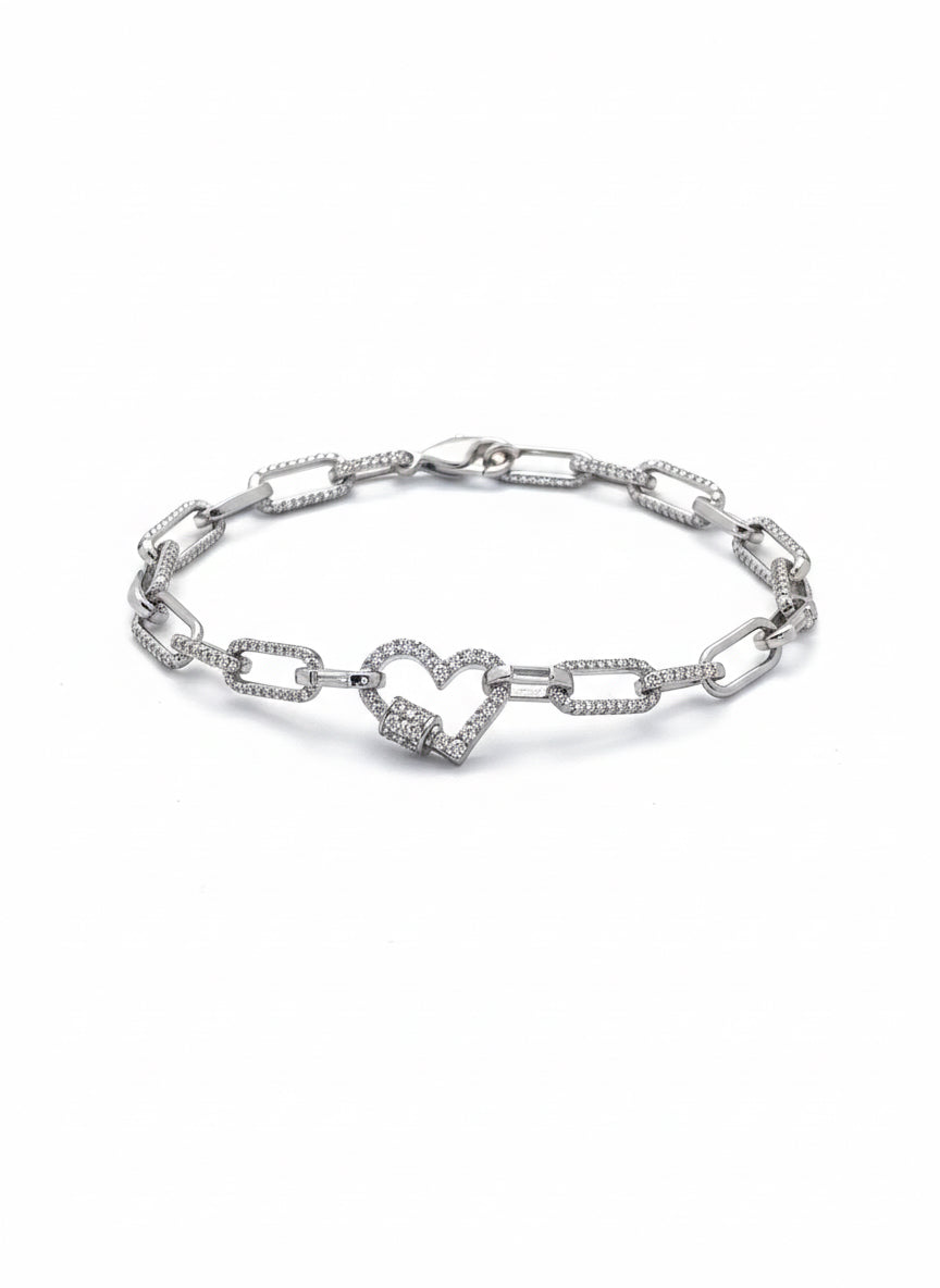 Sterling Silver Paperclip Heart Lock Bracelet