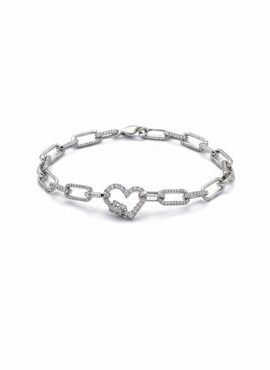 Sterling Silver Paperclip Heart Lock Bracelet