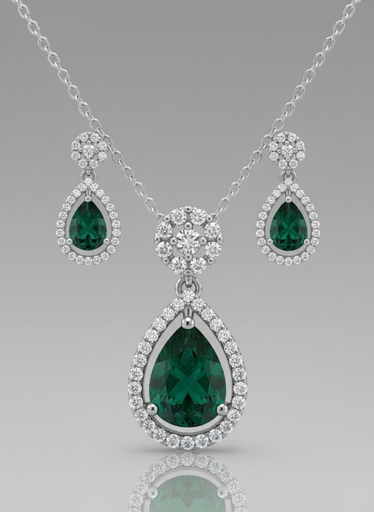 Pear-shaped green cubic zirconia necklace and earrings set in sterling silver