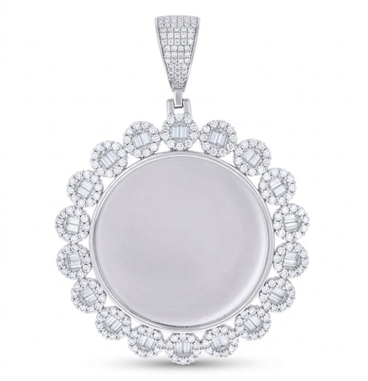 Personalized 925 sterling silver picture frame pendant with round design and baguette moissanite accents