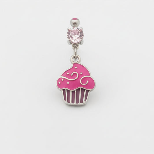 Pink cupcake belly button ring made of 316L surgical stainless steel, 14G