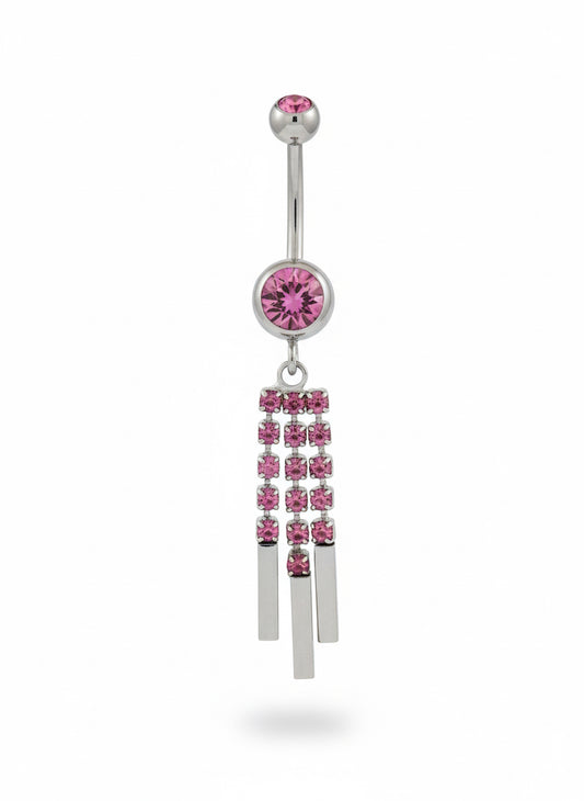 Pink stones dangling bars 14G stainless steel belly button ring