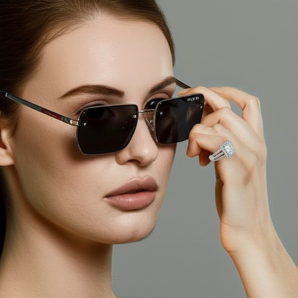 Model wearing PRADA oversized sunglasses with black frame, luxury designer eyewear for women