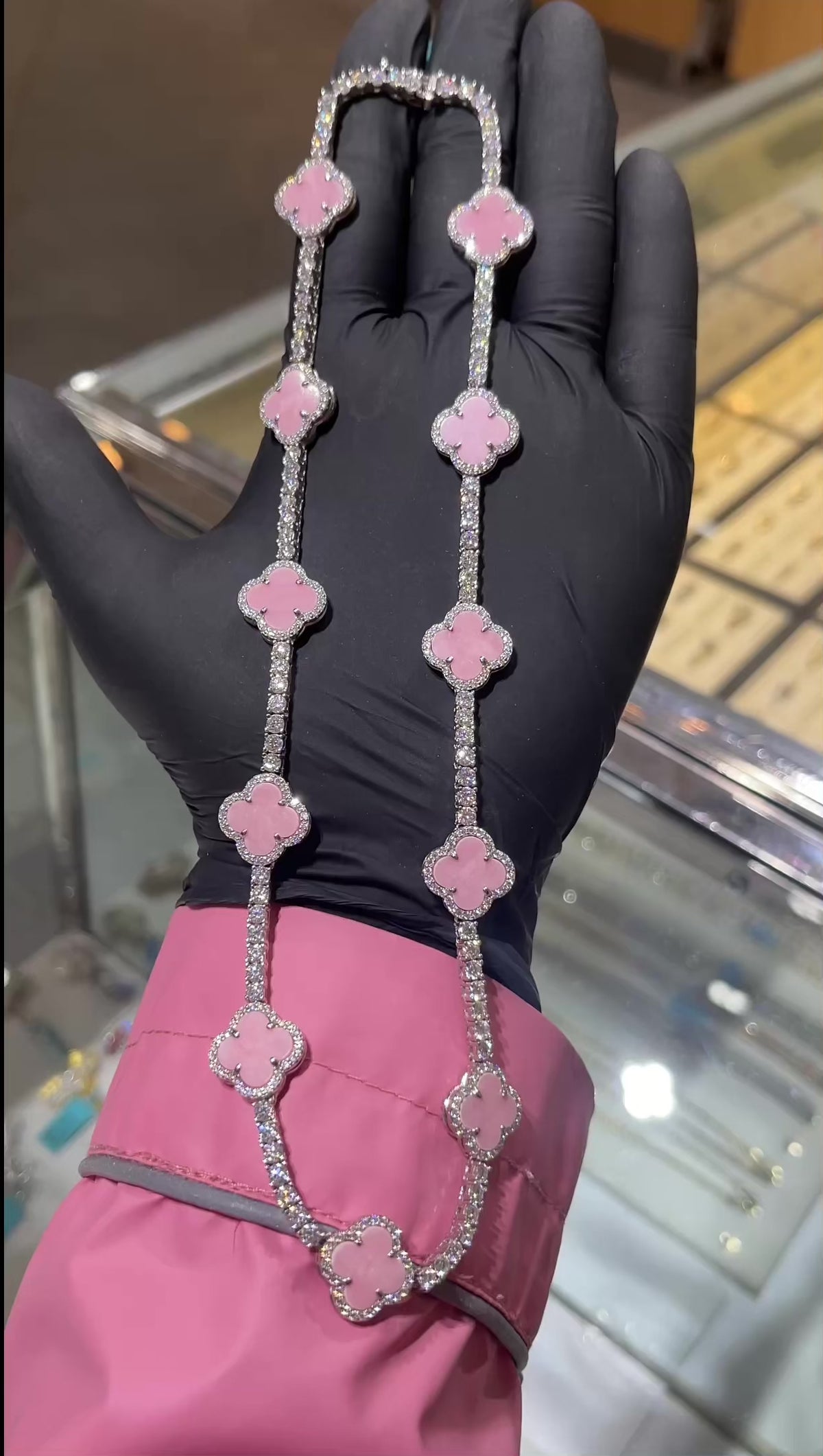 pink moissanite clover necklace vancleed inspired style 