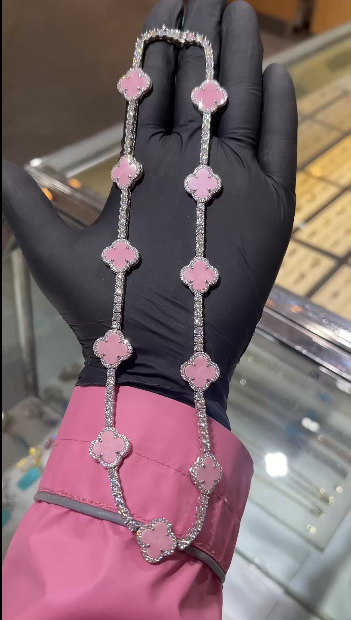 pink moissanite clover necklace vancleed inspired style 
