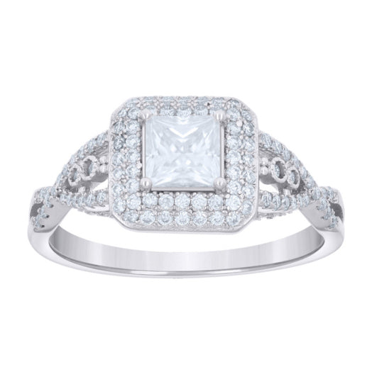 Sterling silver princess cut moissanite engagement ring with infinity band