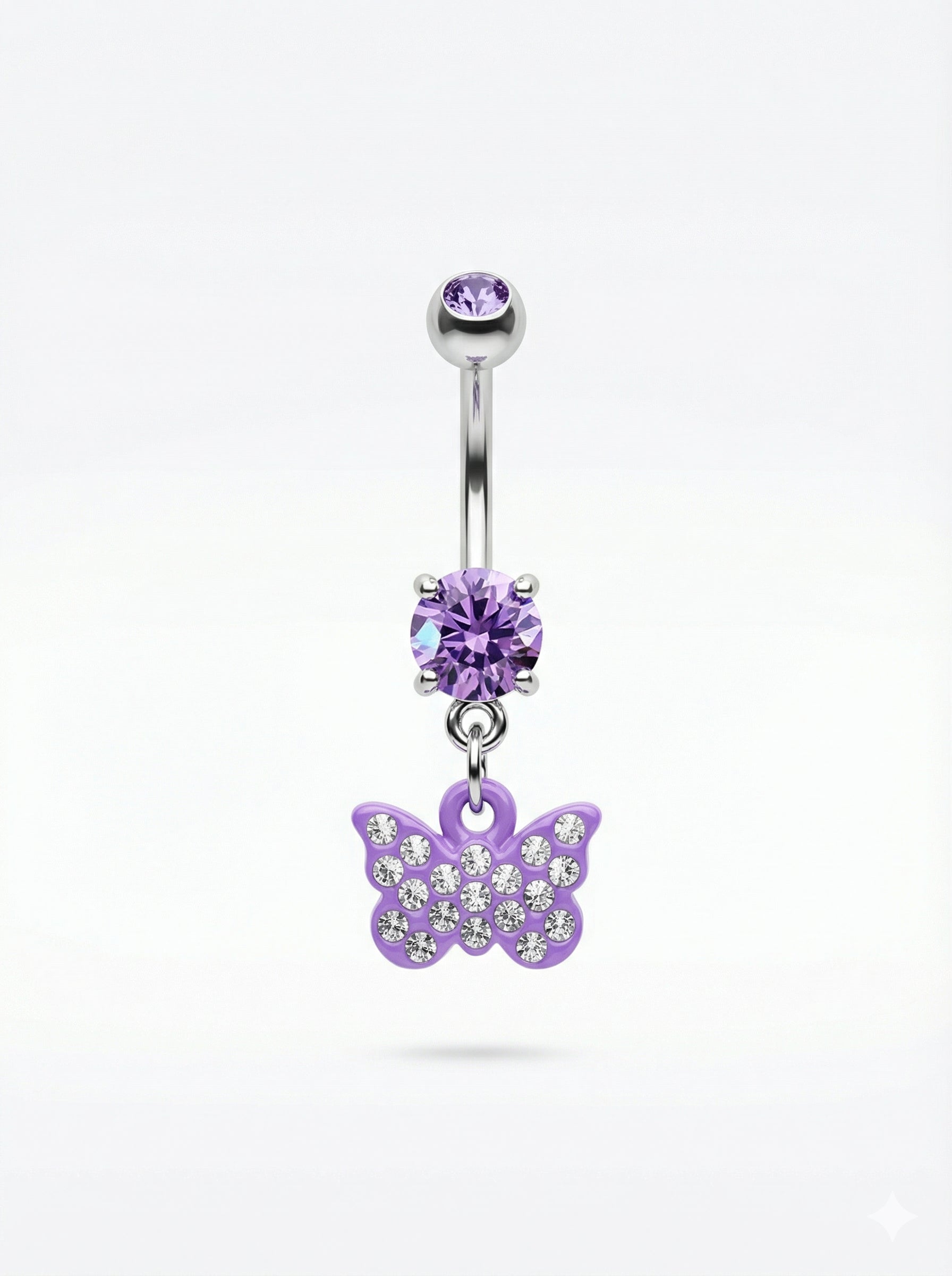 Purple butterfly belly button ring on a white background