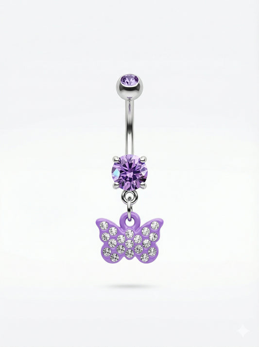 Purple butterfly belly button ring on a white background