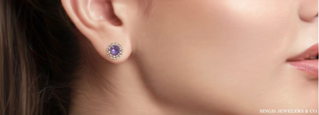 Sterling silver purple and white moissanite stud earrings with screw backs