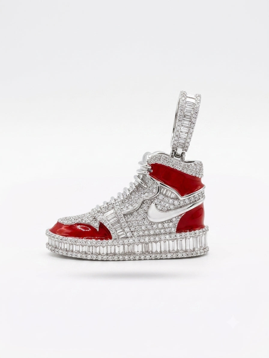 Sterling silver red sneaker pendant with sparkling moissanite stones.