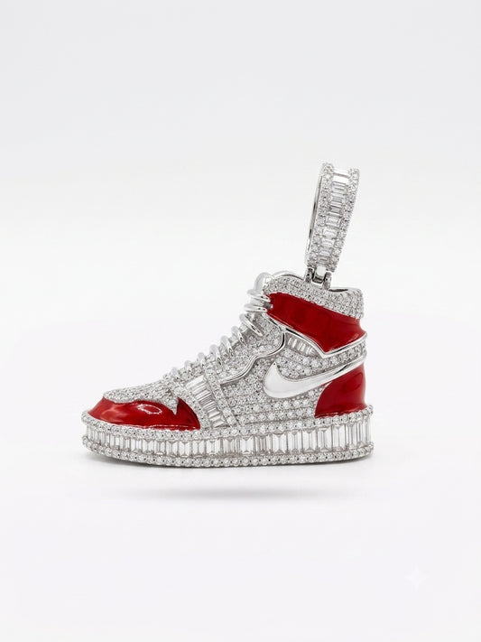 Sterling silver red sneaker pendant with sparkling moissanite stones.