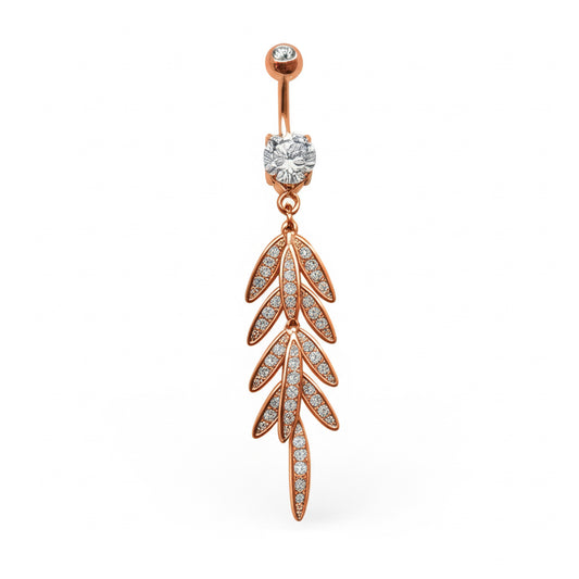 Rose Gold Dangle CZ Belly Button Ring, 14g Surgical Steel, Hypoallergenic Body Jewelry