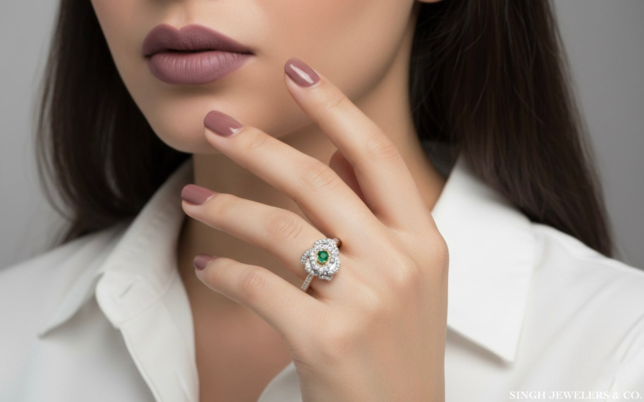 Rose-inspired emerald and diamond ring in 14K gold, handcrafted fine jewelry