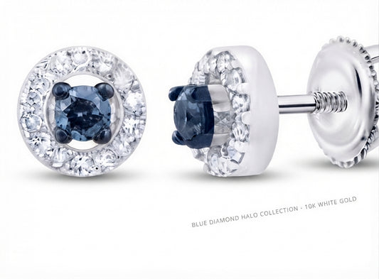Fine jewelry blue diamond halo earrings in white gold
