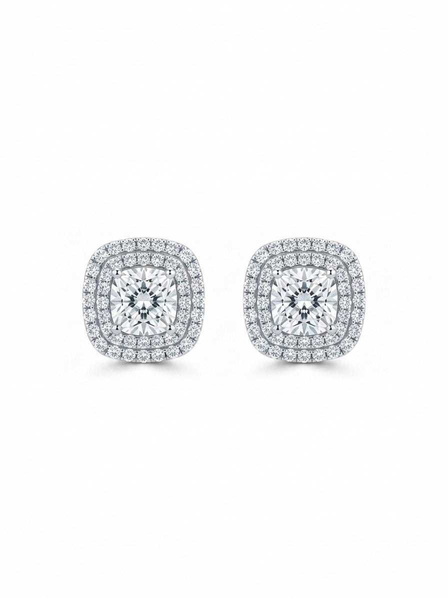 Front view of round moissanite halo earrings in 925 sterling silver screw back studs