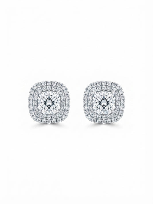 Front view of round moissanite halo earrings in 925 sterling silver screw back studs