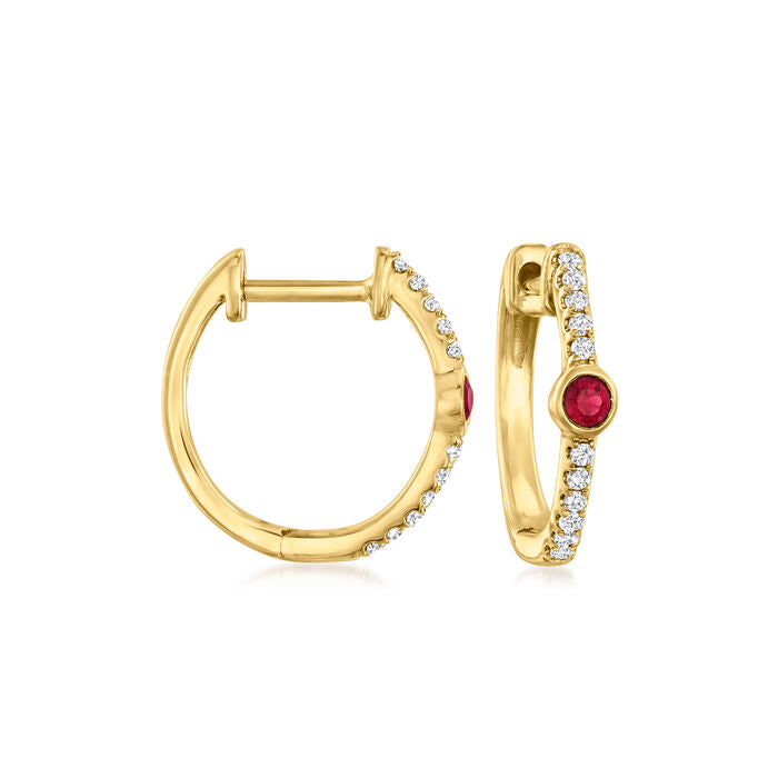 Beautiful 14K Yellow Gold Ruby Birthstone Hoop Earrings with Diamond Accents