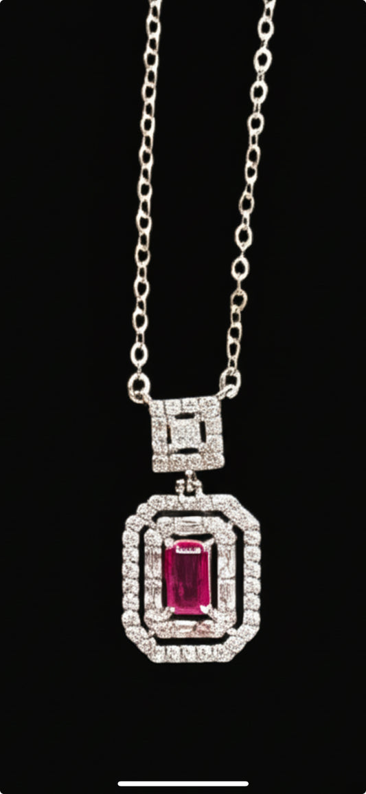 Sterling silver necklace with emerald cut ruby cubic zirconia pendant