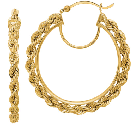 10K Yellow Gold Rope Hoops Earrings – 3.65mm thick, 37.45mm wide, offering elegant design with a rope twist for everyday wear.