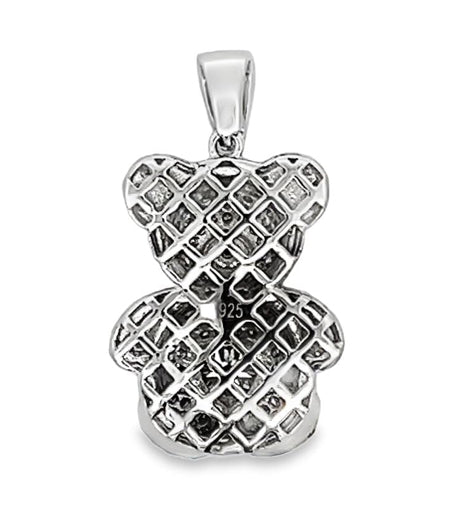 Side view of Sterling Silver Baby Teddy Bear Heart Charm showing intricate caged back design and Moissanite stones.
