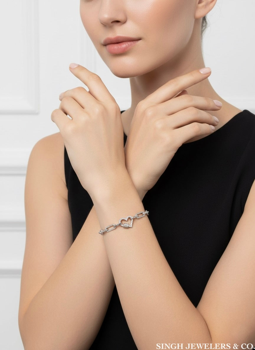 Sterling Silver Paperclip Heart Lock Bracelet
