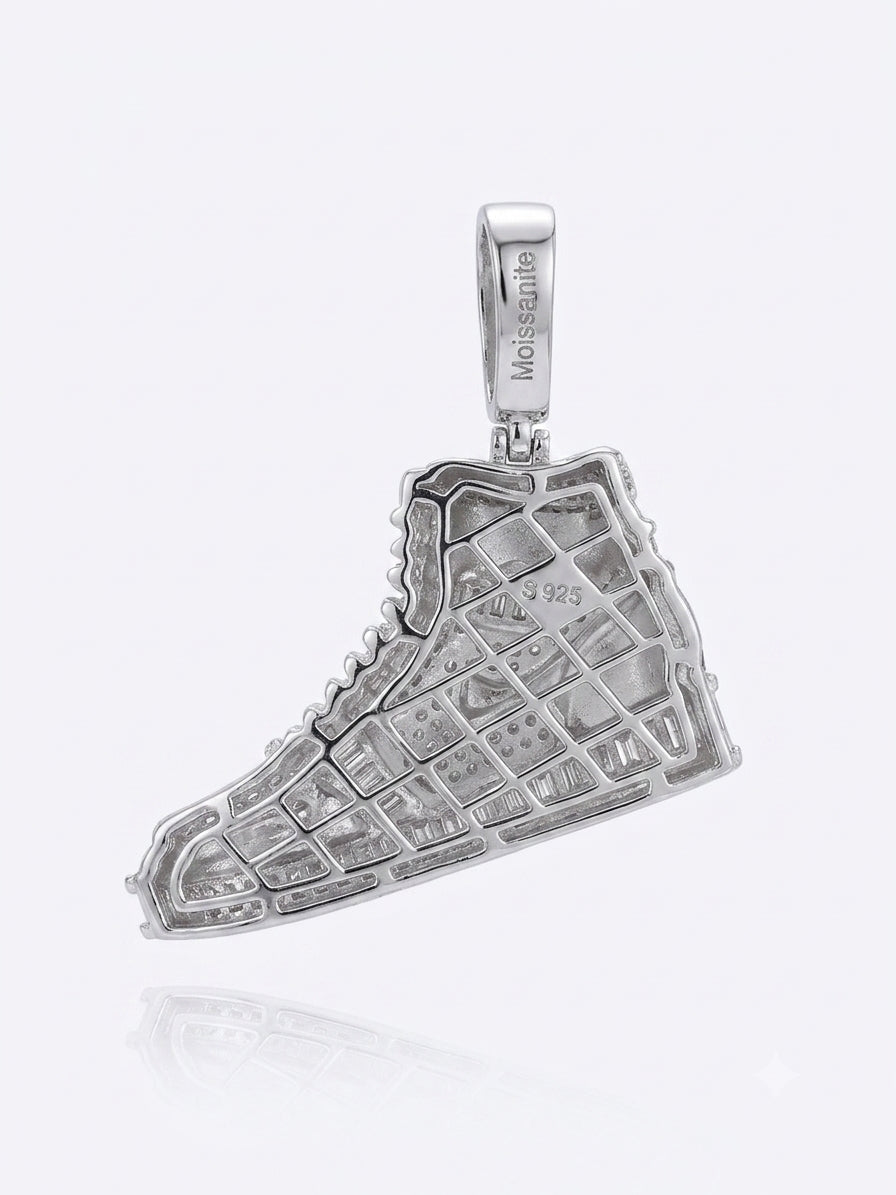 Hip hop sneaker pendant featuring red enamel and moissanite accents.