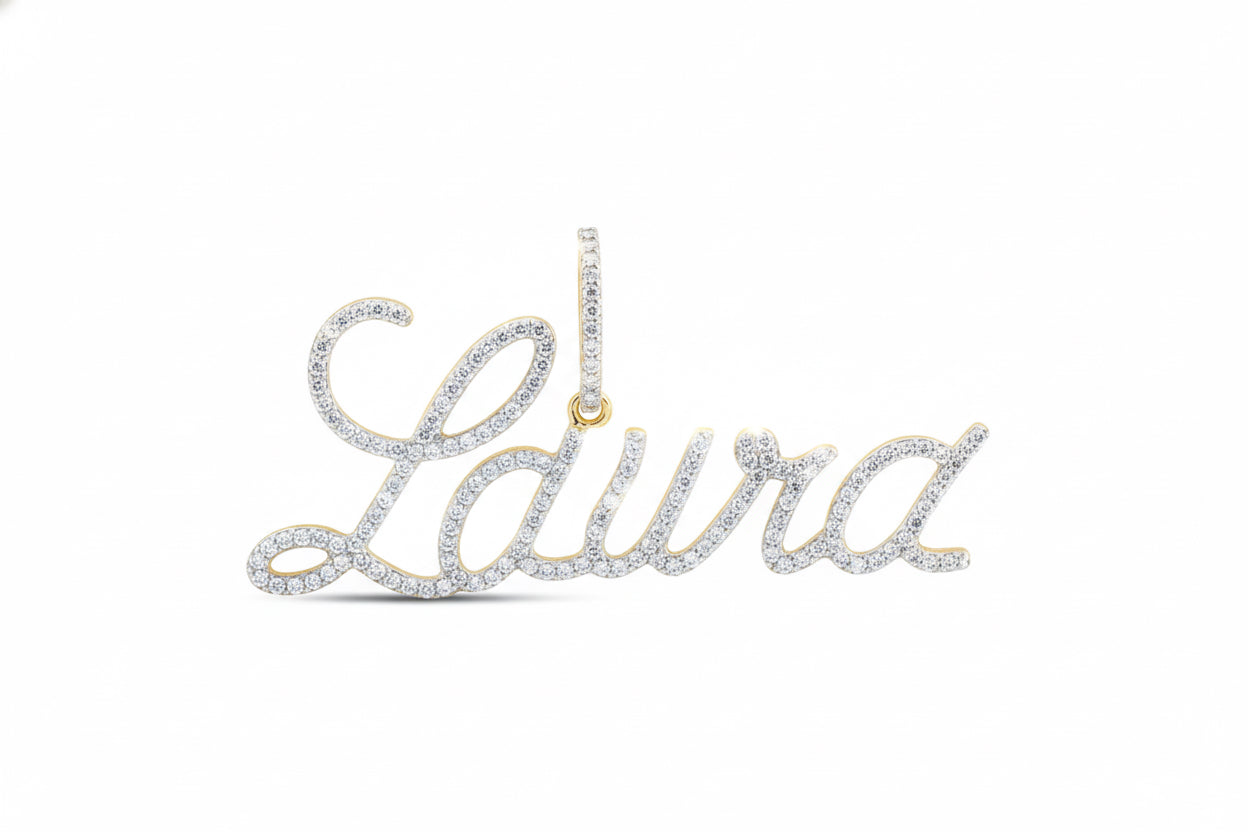 A 10K gold diamond nameplate pendant with the name 'Laura' written in cursive.