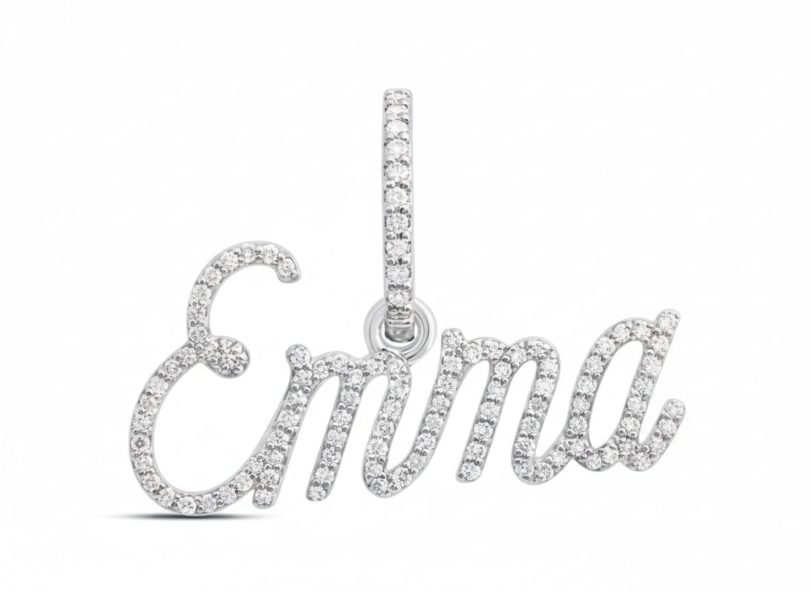 Silver pendant with 'Emma' engraved on a white background