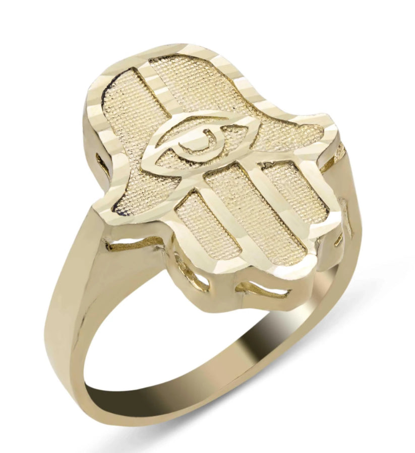 Solid 10K yellow gold Hamsa hand ring with Evil Eye symbol size 9.
