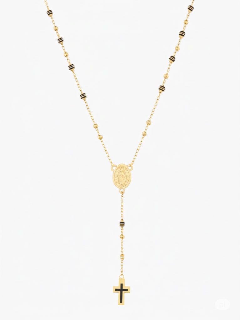 Gold and black stainless steel rosary necklace for men