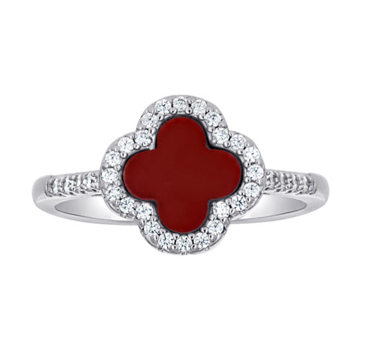 Sterling Silver 10mm Red Burgundy Clover Ring with White Sapphires – Size 7, featuring a sparkling clover design.