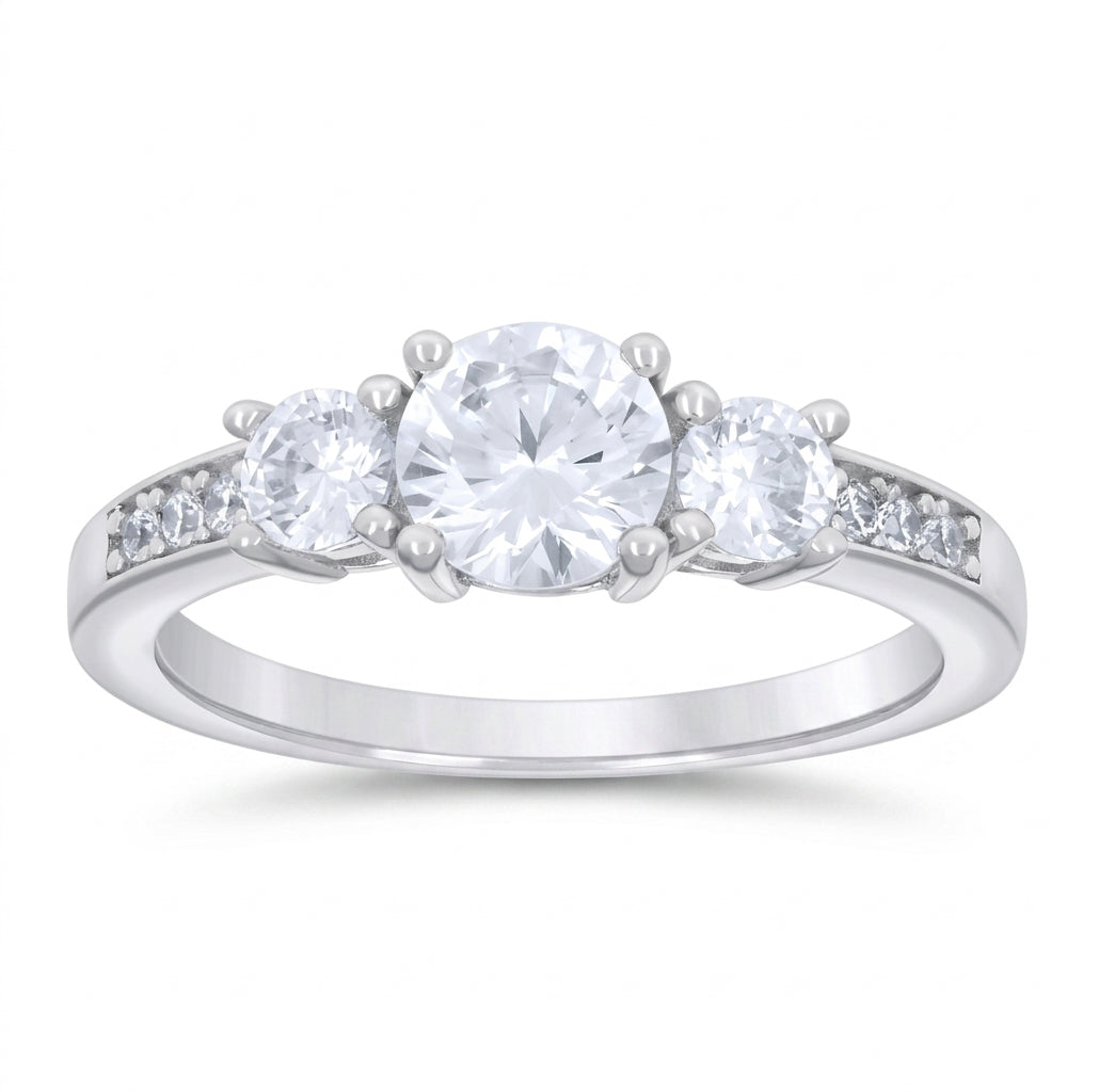 Sterling silver 3-stone engagement ring with white sapphires representing past present future